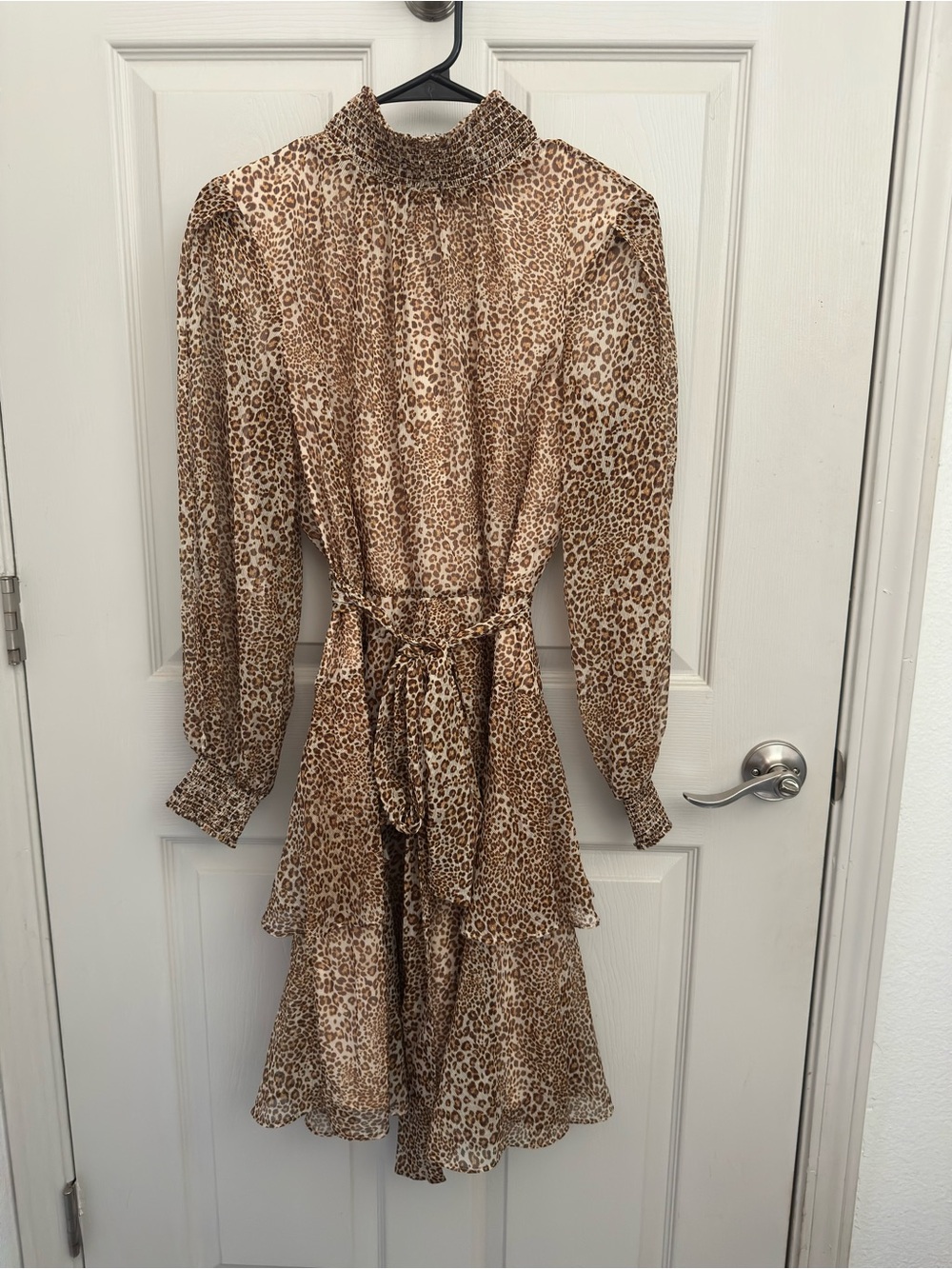 Alex Marie Leopard Print Smocked Neck Tiered Long Sleeve Dress - Brown